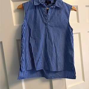 Theory Blue and White Striped Sleeveless Blouse